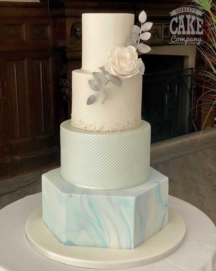 Blue and white hexagon four tier texture and glitter wedding Tamworth West Midlands Staffordshire