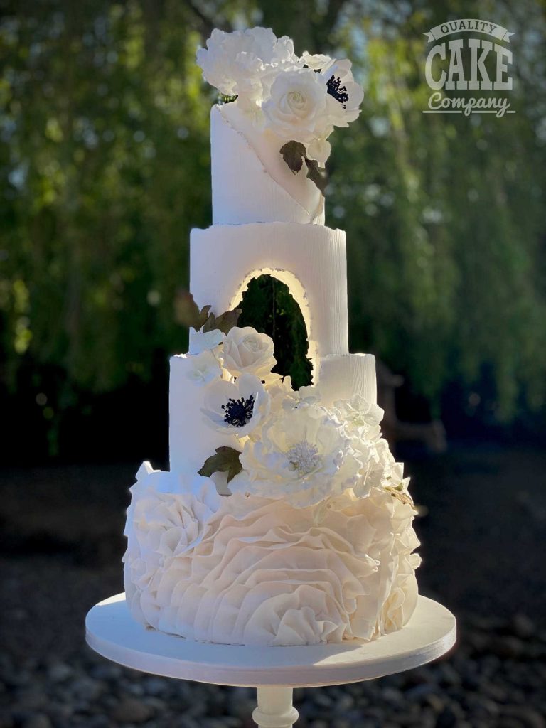 Illusion white hole wedding cake large ruffles Tamworth West Midlands Staffordshire