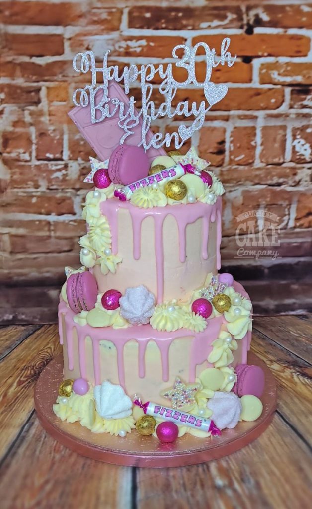 two tier pink sweetie drip cake - tamworth