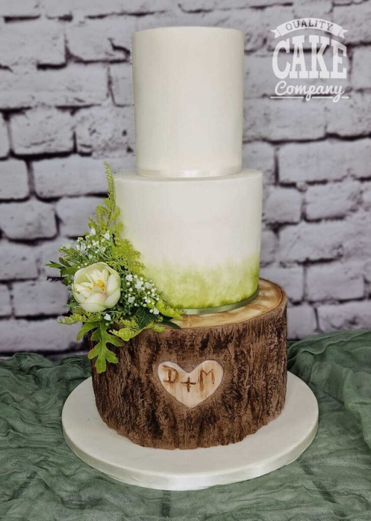 three tier rustic wedding cake to look like a log with initials - Tamworth