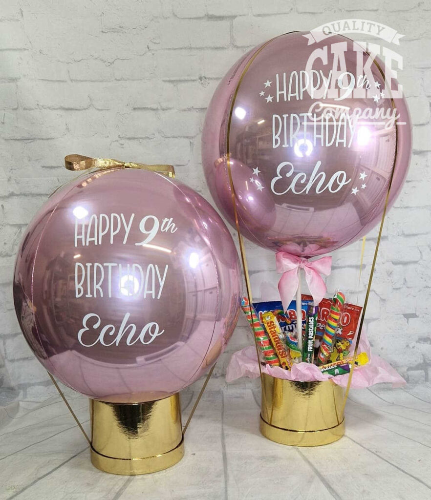 money reveal balloon and hot air balloon sweetie gift in pink and gold