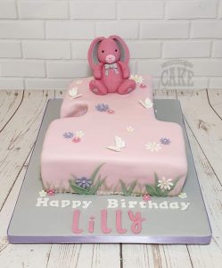 Number 1 shape pink bunny cake children's first birthday - Tamworth