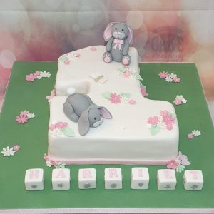 Number 1 shape bunny and blocks cake children's first birthday - Tamworth