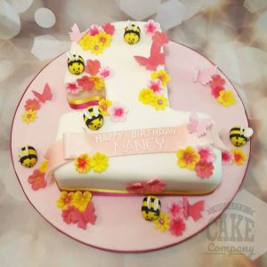 Number 1 shape flowers and bees cake children's first birthday - Tamworth