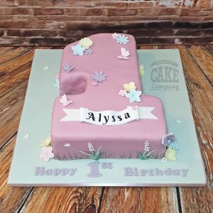 Number 1 shape pink floral cake children's first birthday - Tamworth