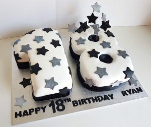 Number 18 shaped cake black and silver stars - tamworth