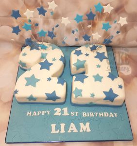 Number 21 blue and white starburst 21st birthday cake - Tamworth