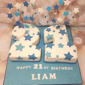 Number 21 blue and white starburst 21st birthday cake - Tamworth