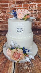 two-tier lace and autumn flowers 25th anniversary cake - Tamworth