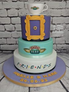 Three-tier FRIENDS theme wedding cake with frame and cup - Tamworth