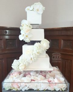 4-tier square modern wedding cake fresh roses orchids peonies illusion clear spacers floating Tamworth West Midlands Staffordshire