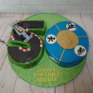 Number 50 triathlon and F1 themed 50th birthday cake - Tamworth