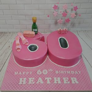 Number 60 pink shaped cake with shoes bag and champagne 60th birthday cake - Tamworth