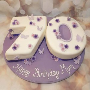 Number 70 shaped cake lilac floral butterflies 70th birthday cake - Tamworth