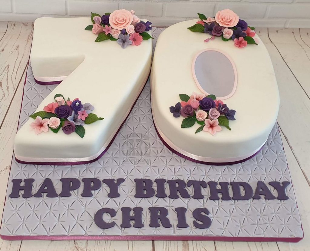 Number 70 shaped cake lilac floral 70th birthday cake - Tamworth