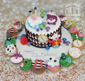 alice in wonderland theme and matching cupcakes - 21st birthday cake - Tamworth