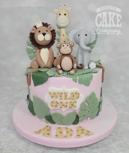 Pastel cute jungle animals first birthday cake - tamworth