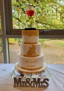 Three tier tale as old as time gold wedding cake - Tamworth
