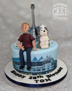 Boy dog and guitar on football ground hobby theme birthday cake - tamworth