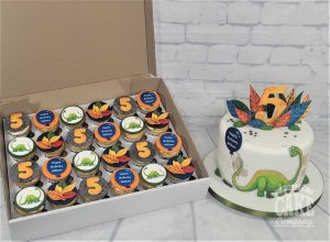 Cute 2D dinosaur 5th birthday cake with matching cupcakes - Tamworth