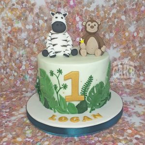 zebra and monkey jungle animal first birthday cake - Tamworth