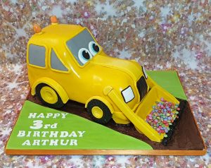 sculpted novelty yellow digger birthday cake - Tamworth