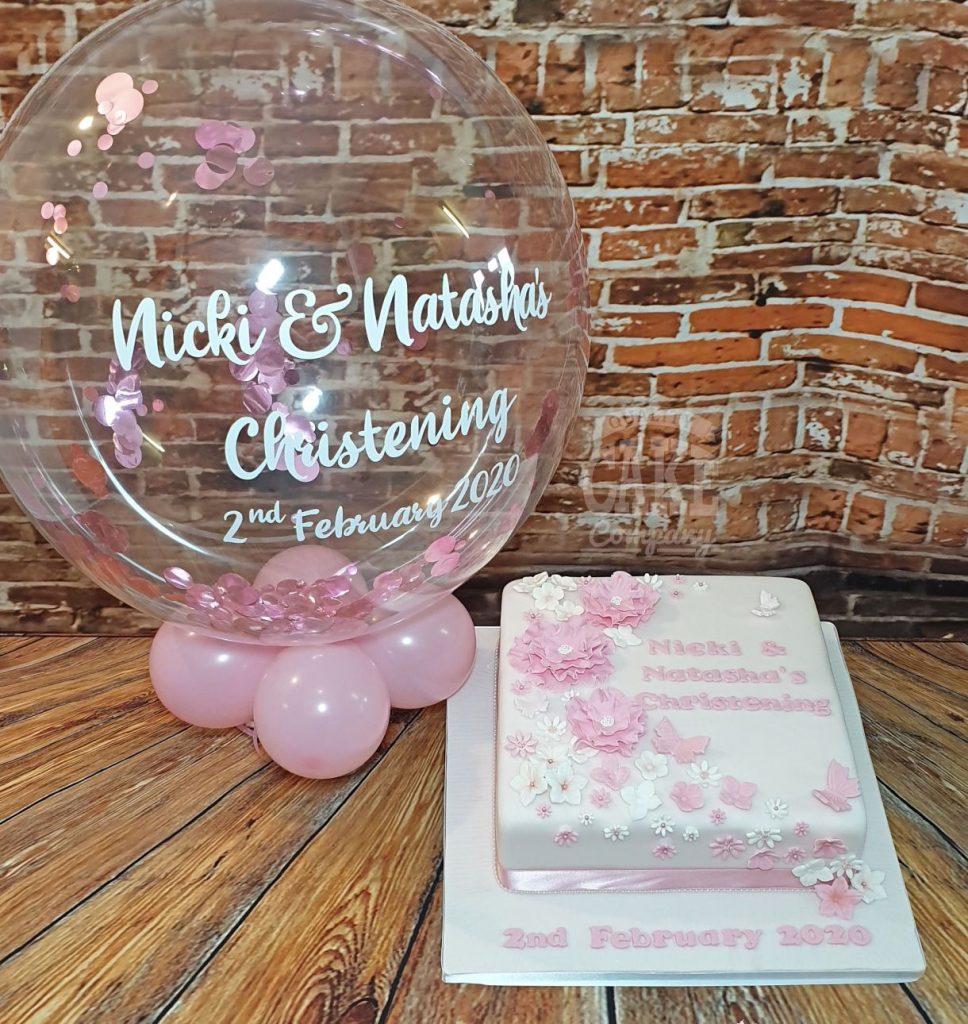 floral pink christening cake and matching bubble balloon - Tamworth