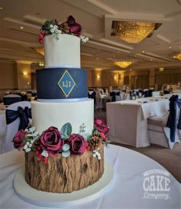 Four tier navy and white rustic wedding cake - Tamworth