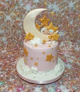 pink baby in moon stars and clouds baby shower cake - tamworth