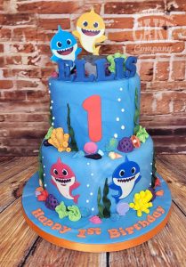 two tier Baby shark inspired children's first birthday cake - Tamworth