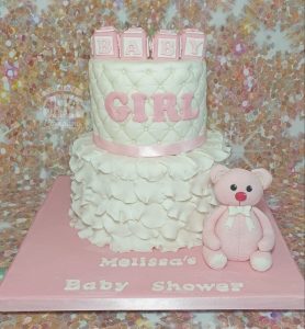 two tier baby girl quilted and ruffle baby shower cake - tamworth