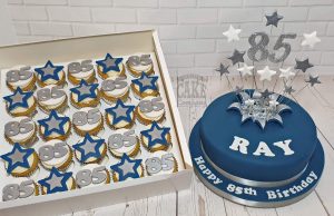 navy and silver starburst 85th birthday cake and cupcakes - tamworth