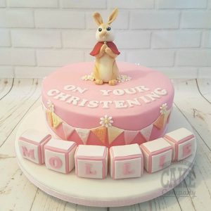 flopsy bunny bunting and blocks christening cake - tamworth