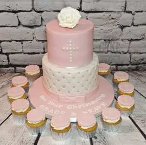 two-tier pink and white quilted christening cake and matching cupcakes - Tamworth