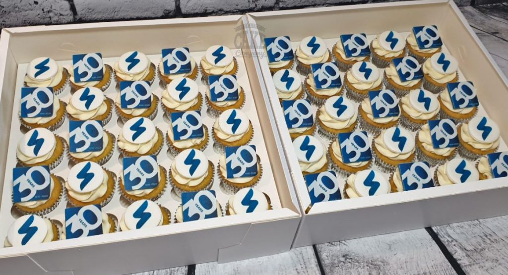 coporaate logo cupcakes 30 year anniversary - Tamworth