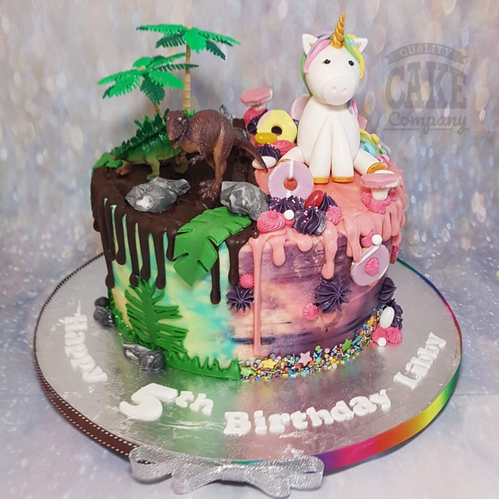 twin split joint birthday dinosaur and unicorn drip cake - Tamworth