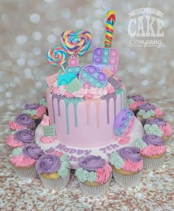 fidget popper pink purple drip cake and cupcakes - Tamworth