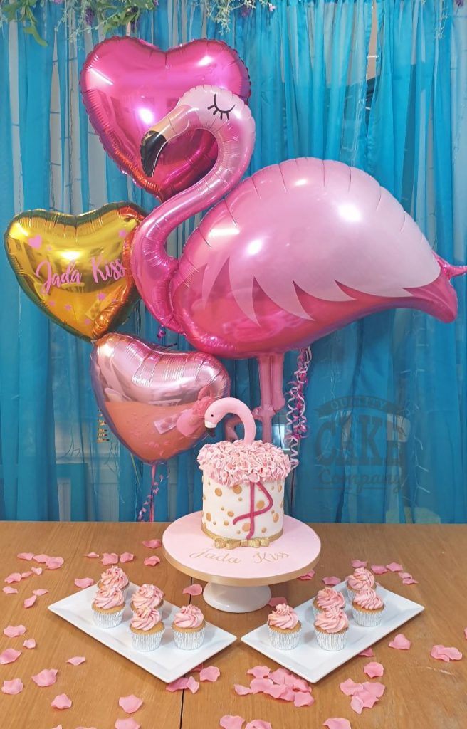 flamingo ruffle cake and balloons - Tamworth