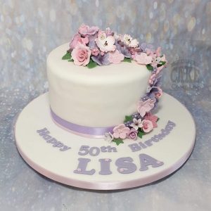 pink and lilac floral cascade birthday cake - Tamworth
