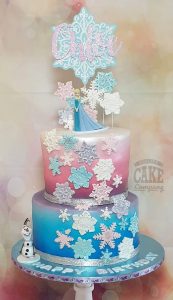 two tier Frozen snowflake covered birthday cake - Tamworth