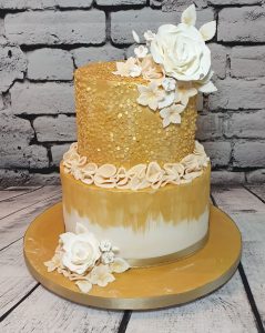 two tier gold sequins birthday cake - Tamworth