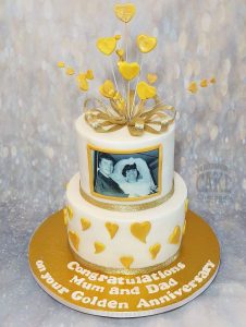 two tier golden anniversary photo heart cake - Tamworth