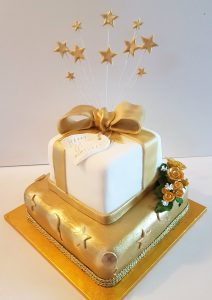 two tier square golden presents 70th birthday cake - Tamworth