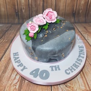grey marble pink peony 40th birthday cake - Tamworth
