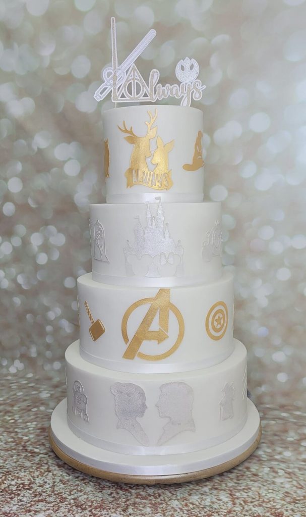 Avengers Disney Harry Potter star wars themed novelty geek chic Tamworth West Midlands Staffordshirewedding silver gold cake four tier