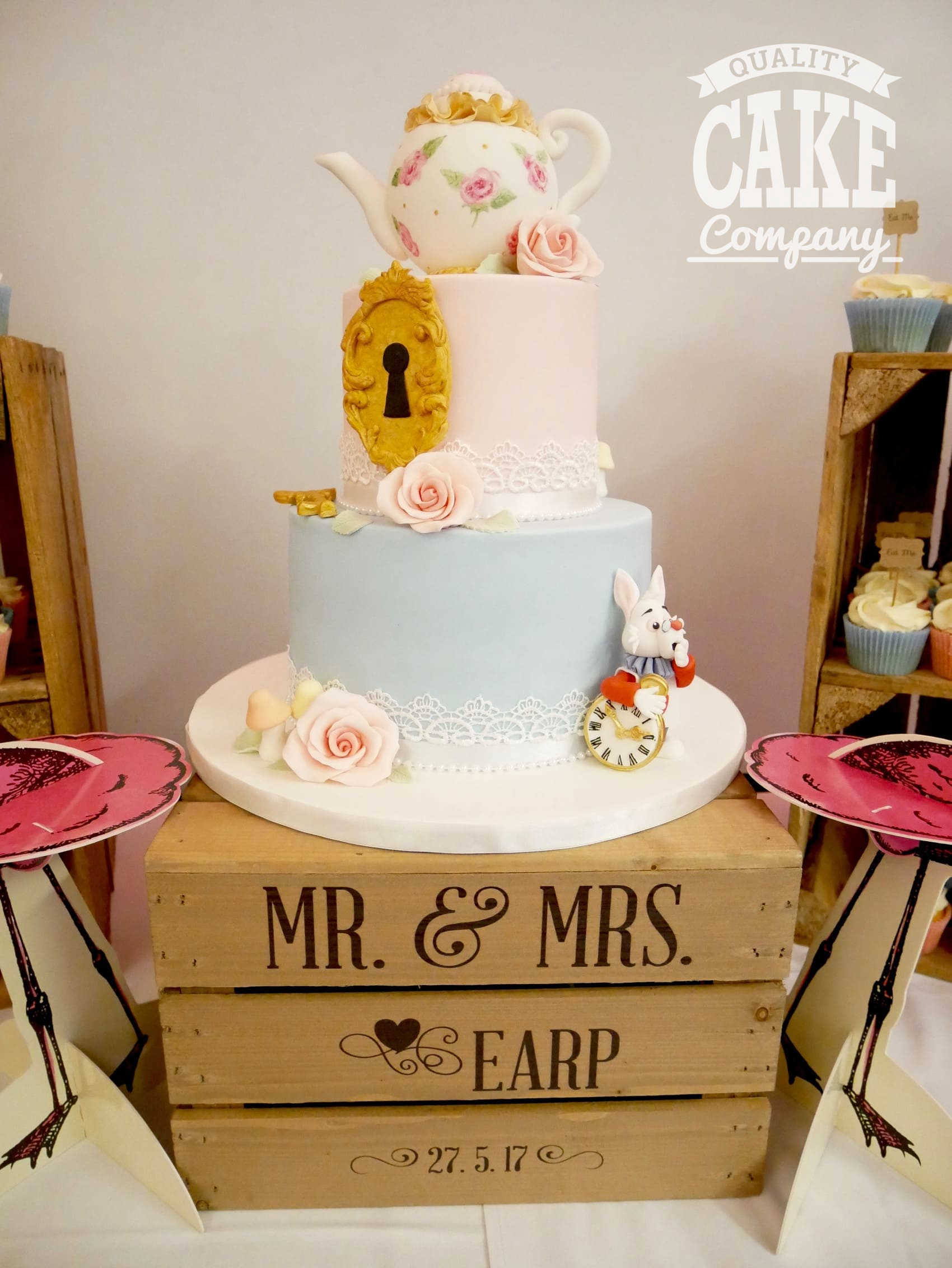 Alice in Wonderland Wedding Anniversary Engagement Tea Party Cake Topper