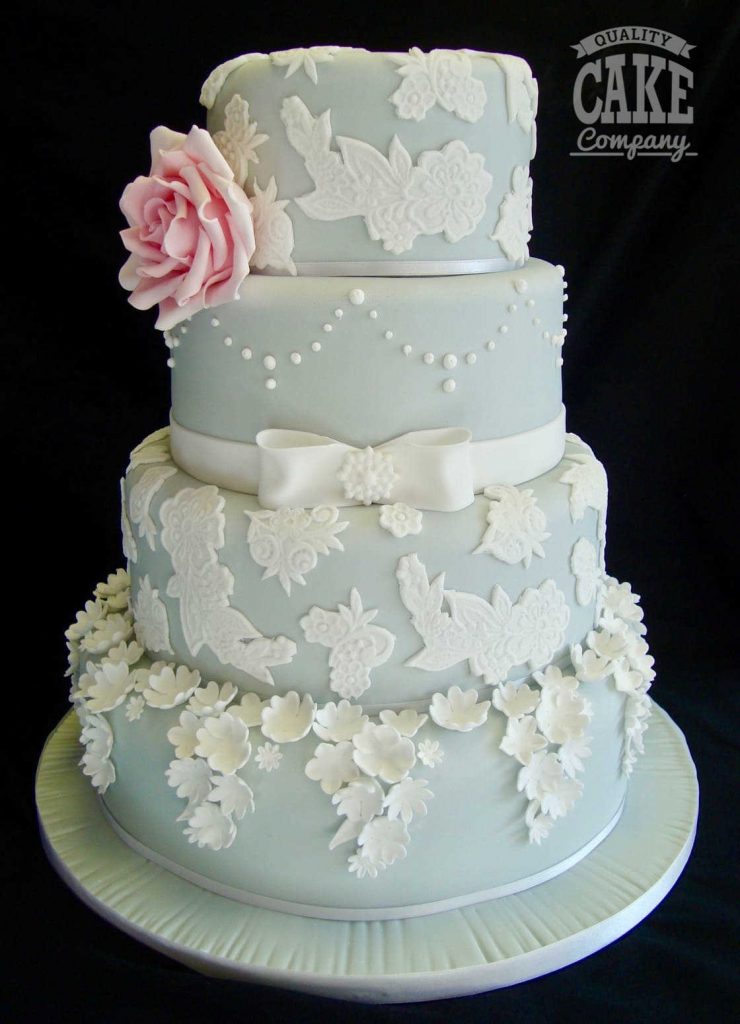 Antique lace blue applique traditional wedding cake four tier Tamworth West Midlands Staffordshire