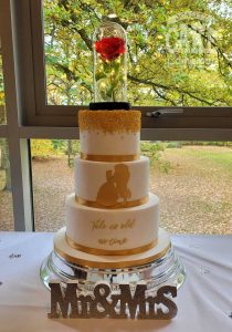 Beauty and the Beast golden three tier wedding cake Tamworth West Midlands Staffordshire