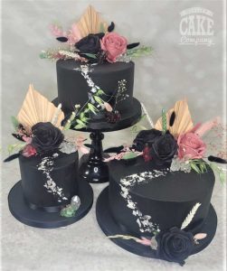 Black mixed size wedding cakes, dried flowers silver leaf Tamworth West Midlands Staffordshire