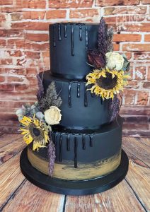 Black three tier wedding cake drip dried flowers Halloween Tamworth West Midlands Staffordshire